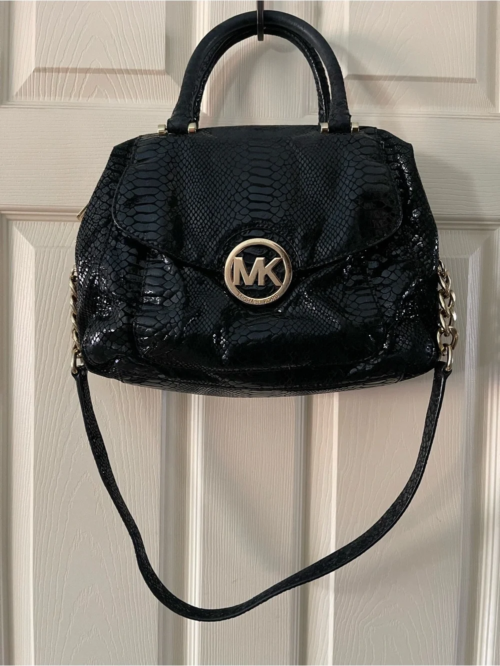 Michael Kors Black Python Embossed Satchel with Gold Hardware